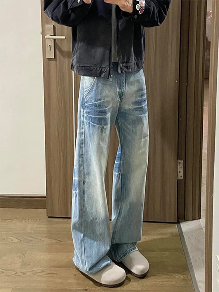 Jeans a Zampa Blu Foderati in Pile da Uomo, Gamba Dritta, Stile American High Street, Pantaloni in Denim da Lavoro Primavera Autunno