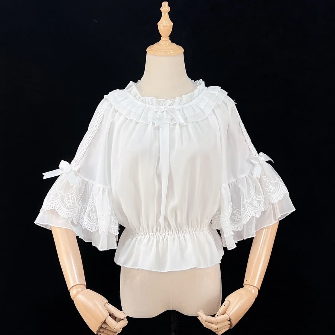 Sweet Lolita Cute Bow Ruffles camicette in Chiffon donna camicia a maniche svasate a tre quarti con spalle scoperte Crop Top Girl Kawai Undershirt