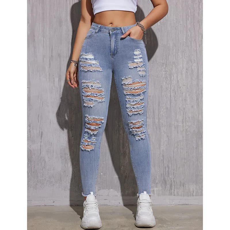 Girls Ripped Raw Hem Thin Skinny Jeans Women Korean Fashion Low-rise Stretch Denim Pants Lady Chic Retro Solid Trousers
