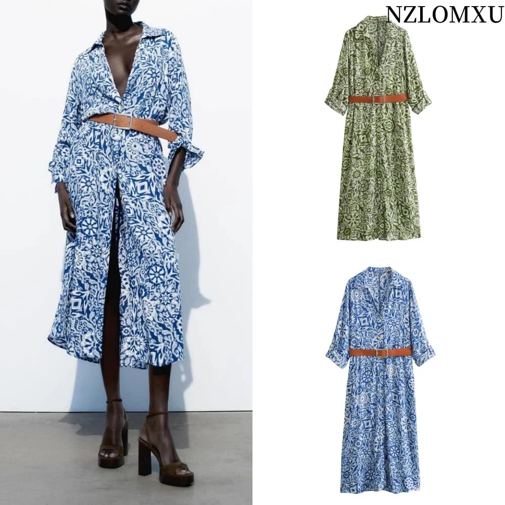 Women's Mini Dress With Print Floral Dress With Belt Fashion Long Sleeved Dresses 2025 Vintage Dresses Women's Evening Dress