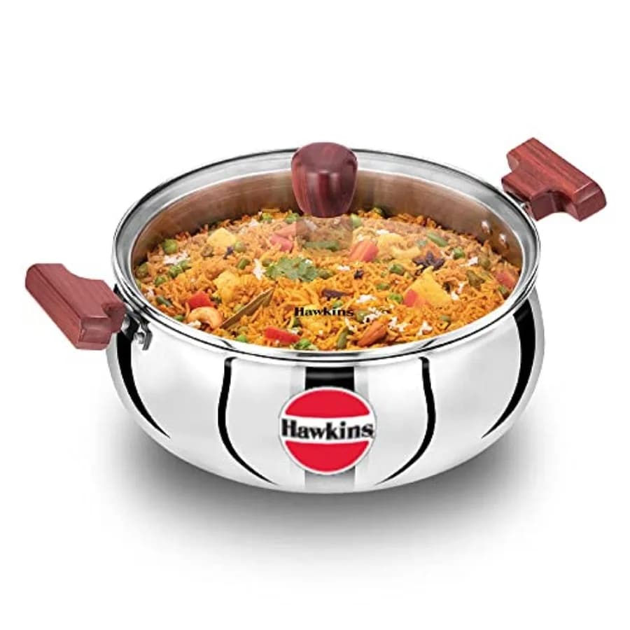 5 litri Cook n Serve Handi Triply in acciaio inossidabile Handi con coperchio in vetro Pentola per salsa a induzione Biryani Pentola Handi Argento SSH50G