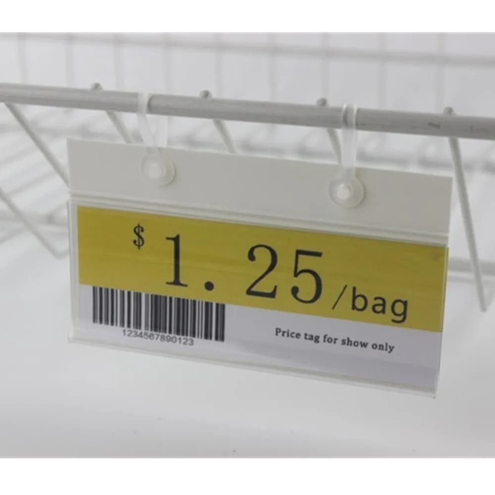 1 confezione di espositori in plastica PVC cartello prezzo etichetta carta promozione fibbie appendere su scaffale a rete scaffale per cestini negozi