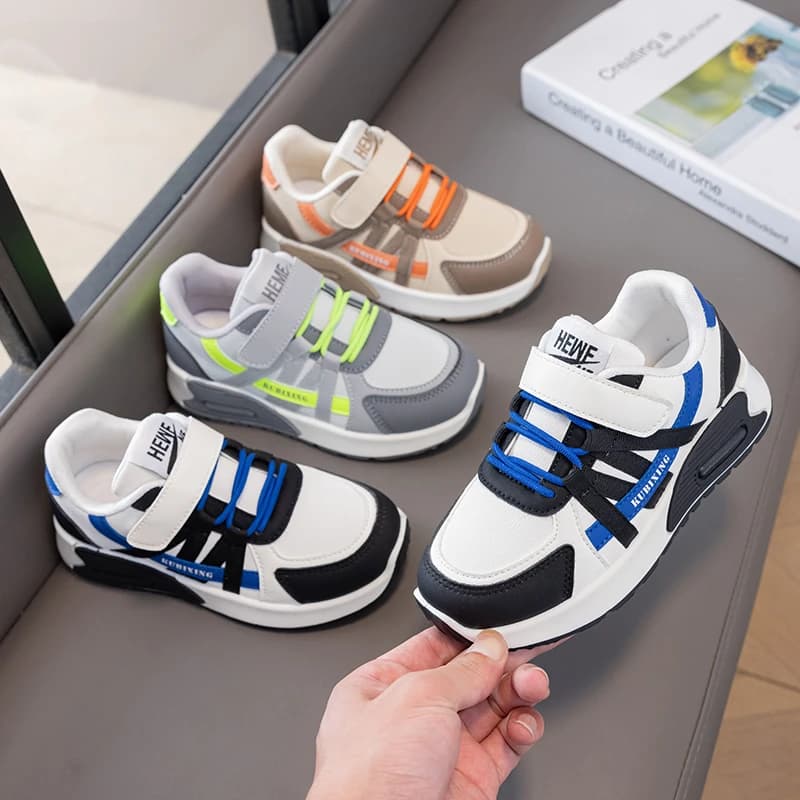 Kids Color Block Air Cushion Sneakers Multi Strap Design Velcro Fastener Non Slip Rubber Sole Boys Daily Sports Walking Shoes