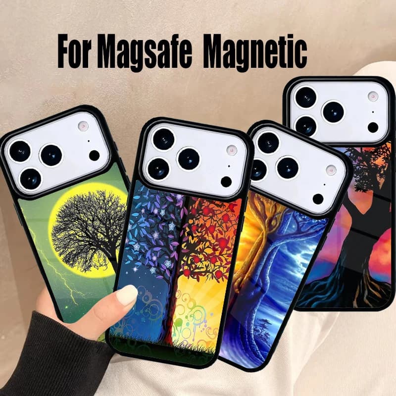 Cover per iPhone 17 Air 16e 15 14 13 12 11 Pro Max Plus con design Albero Giorno Notte, magnetica wireless Magsafe