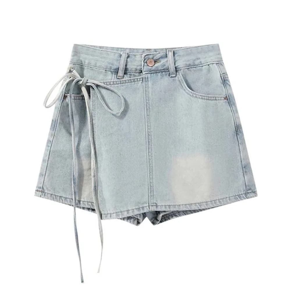 Gonna pantaloncino basic con lacci, a trapezio, a gamba larga, stile Y2K, finta gonna due pezzi, a vita alta, stile Spicy Girl, gonna in jeans blu baggy da donna
