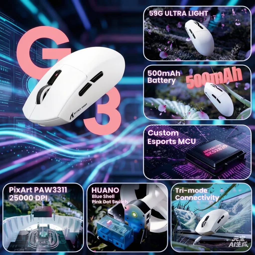 ATTACK SHARK G3 Tri-mode Wireless Gaming Mouse 2.4G Wireless/Bluetooth/Wired，25000 DPI Ultra Lightweight，PAW3311,for PC/MAC/Wins