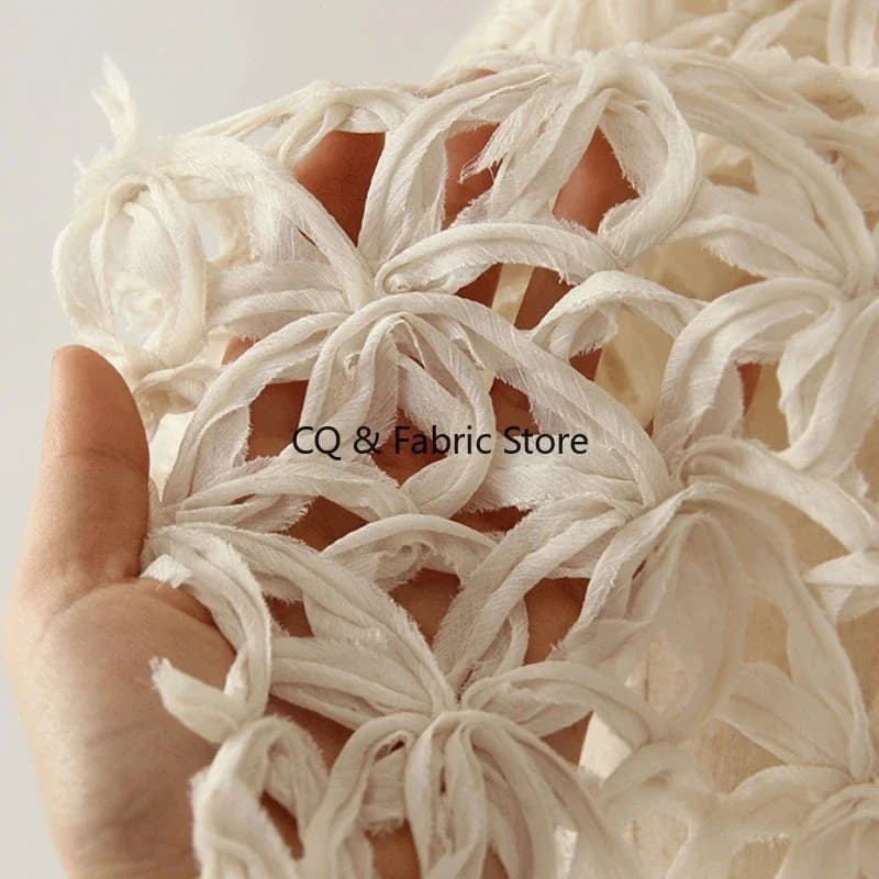 Apricot Hollow Flower Plaid Fabric Creative Fishing Net Dress Knitting Coat Diy Clothing Designer Fabrics By The Yard