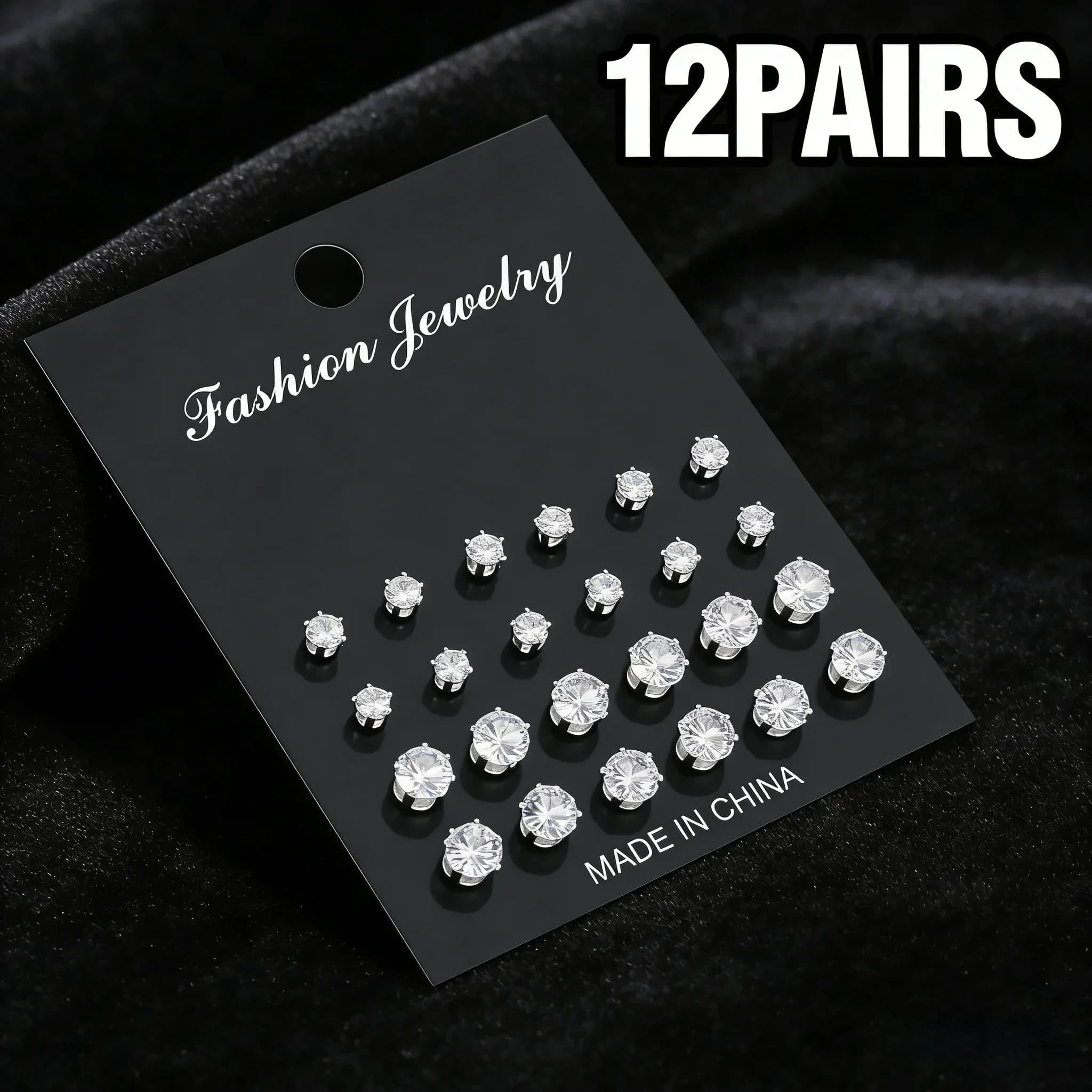 Set di 12 Orecchini a Perno Classici in Argento – Design Semplice ed Elegante per Donne, Ragazze e Orecchini Multipli