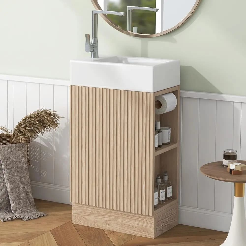 19 Small Wooden Single Bathroom Vanity with Sink, 1 Door, Toilet Paper Holder, and Left/Right Storage Shelves