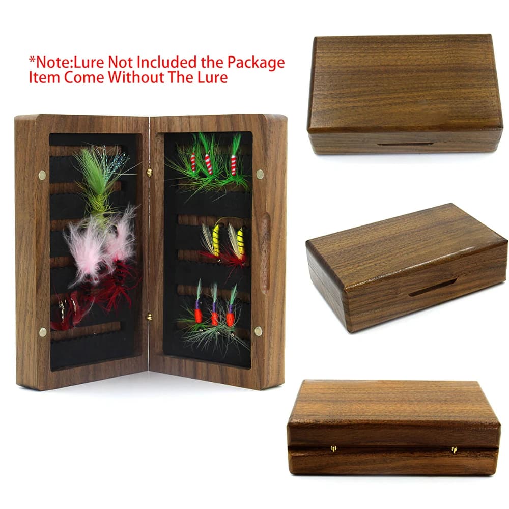 Fishing Tackle Box Black Walnut Natural Wooden Fly Fishing Box Case Double Side Foam Insert Fly Lure Bait Storage
