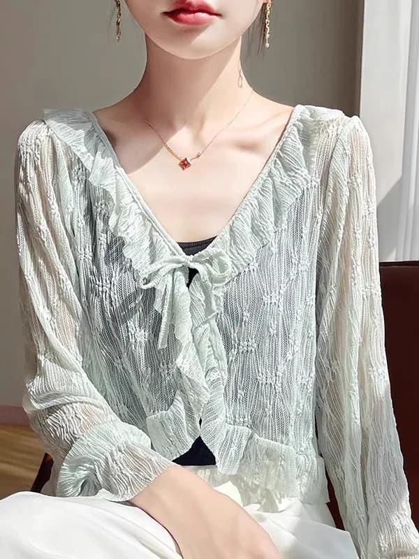 Spring Summer New Style Women's Lace Sun Protection Open Cardigan Thin Outerwear Vacation Atmosphere Blouse with Bow Tie