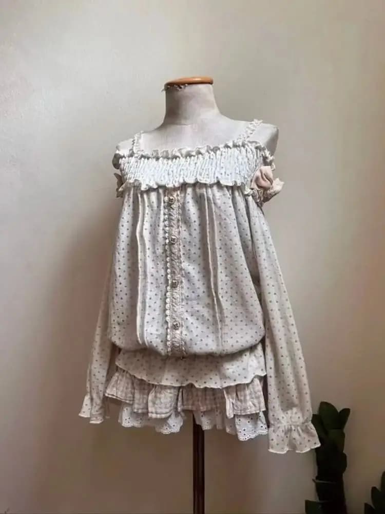 Set Due Pezzi Vintage Giapponese a Pois per Donna, Top Senza Spalline e Minigonna in Pizzo a Vita Alta, Elegante Set di Moda