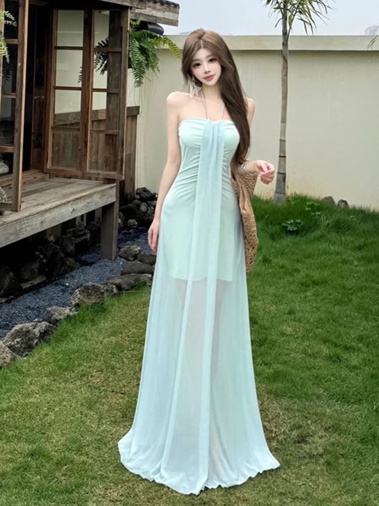Abito Lungo Elegante Stile Francese per le Vacanze, in Rete Ultra Leggera, Senza Maniche, Senza Spalline, Modellante, con Schiena Scoperta, Vestito Bodycon, Gonna a Linea H