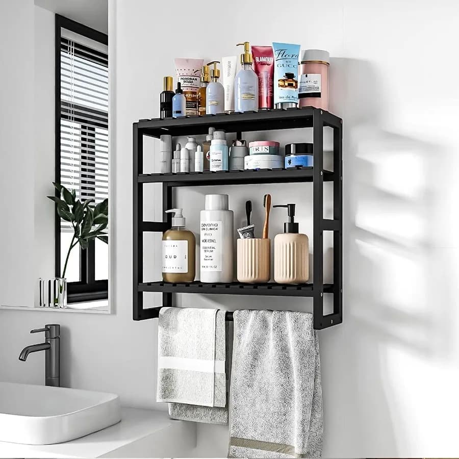 Bamboo Bathroom Shelves Organizer Towel Rack for Storage Black Adjustable 3 Tiers Floating Shelf over the Toilet Storage with H