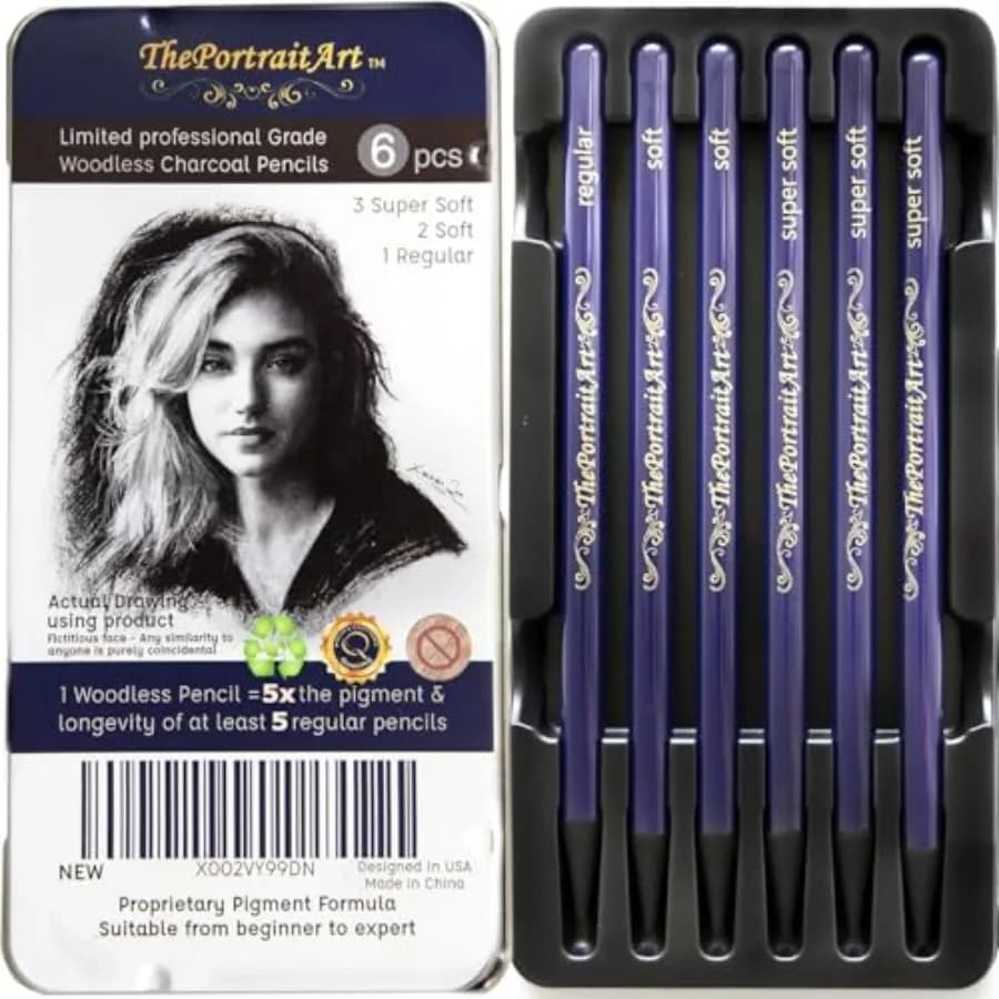 Artist Woodless Pure Charcoal Pencils - Ultra Soft and Dark 6pc Set Equivalent to 28+ Regular Pencils Smooth Consistency on All