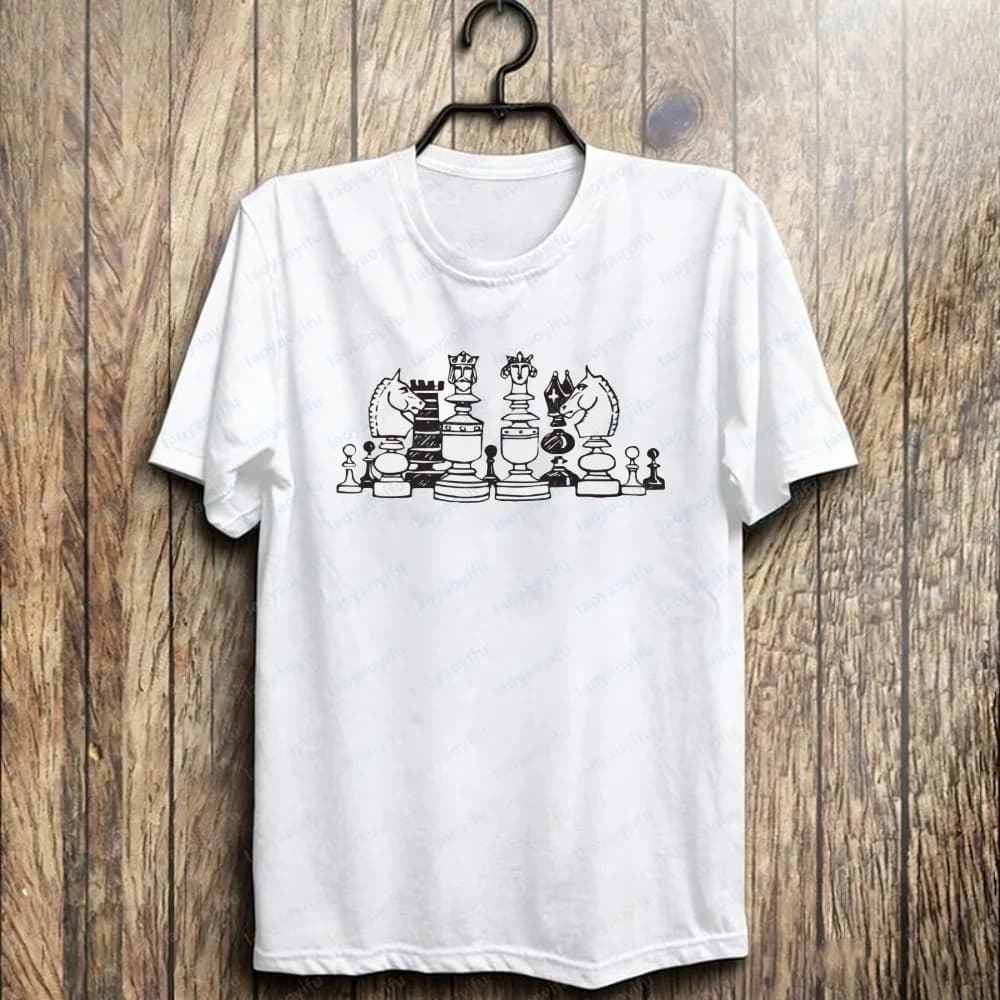 Chess Player Cotton Tee Full Chess Set Statement Shirt for Men Summer Vintage Strategy Game Streetwear Gift for Chess Lover