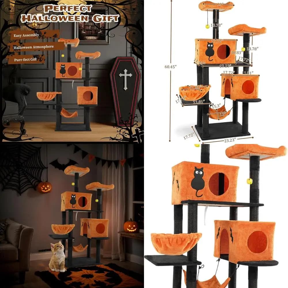 Torre per Gatti a Tema Halloween per Felini di Grandi Dimensioni: Casetta Multilivello con Amache, Tiragraffi e Giocattoli Sospesi in Arancione