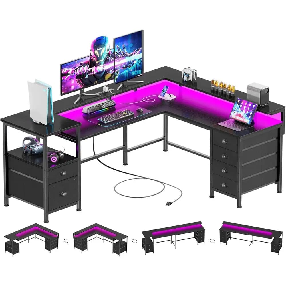 66 Dual-Sided Gaming Desk with 6 Drawers, Printer Shelves, Power Outlets, LED Lights, and Monitor Stand - Black