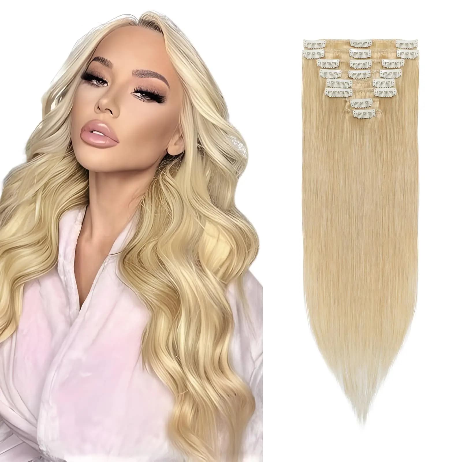 Extension per capelli con clip, 100% capelli umani, set da 7 pezzi, trama dritta, peso, colore e lunghezza personalizzabili.