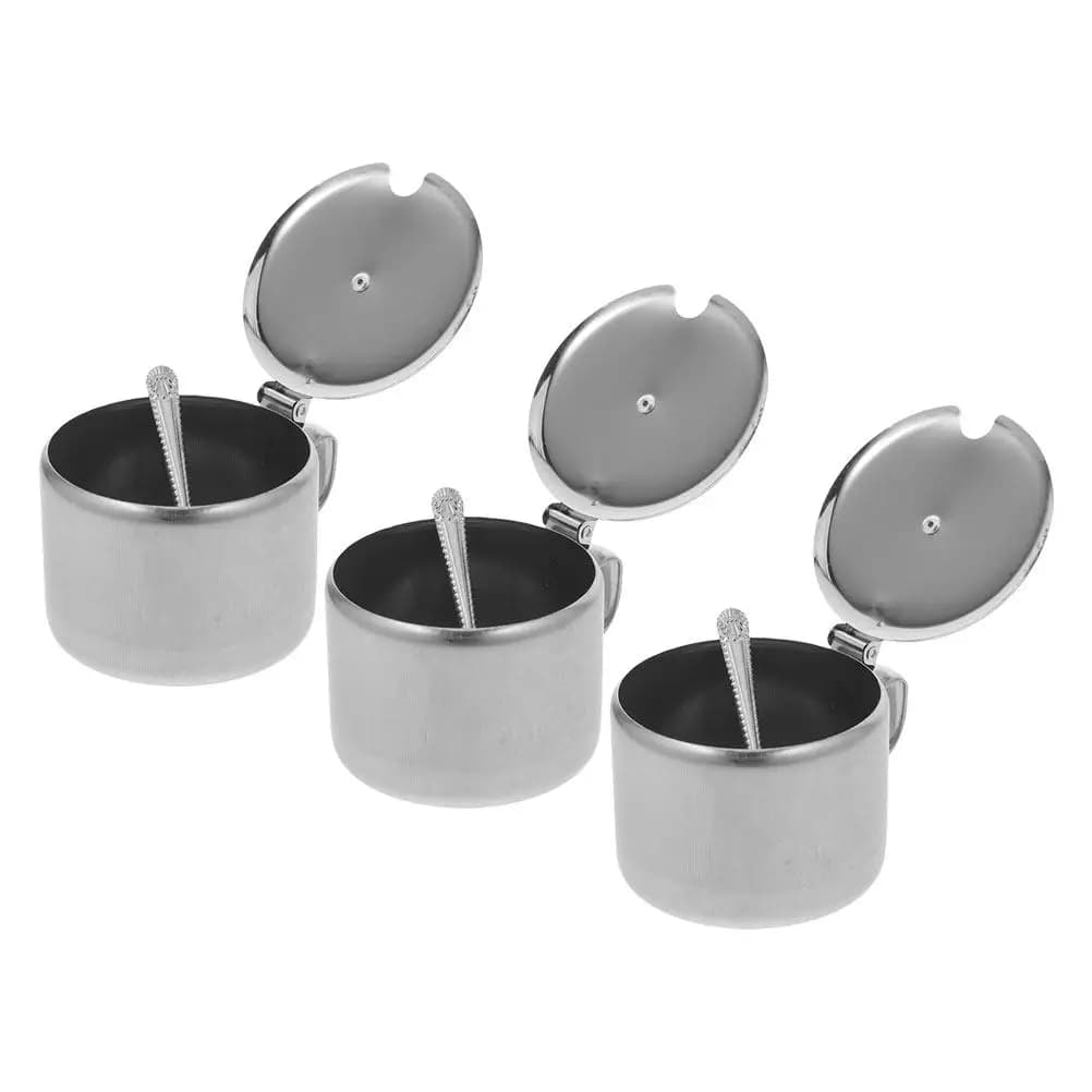 Set di 3 Contenitori in Acciaio Inox per Zucchero, Sale e Pepe con Cucchiaio e Coperchio, Ciotole per Conservazione di Condimenti da Cucina