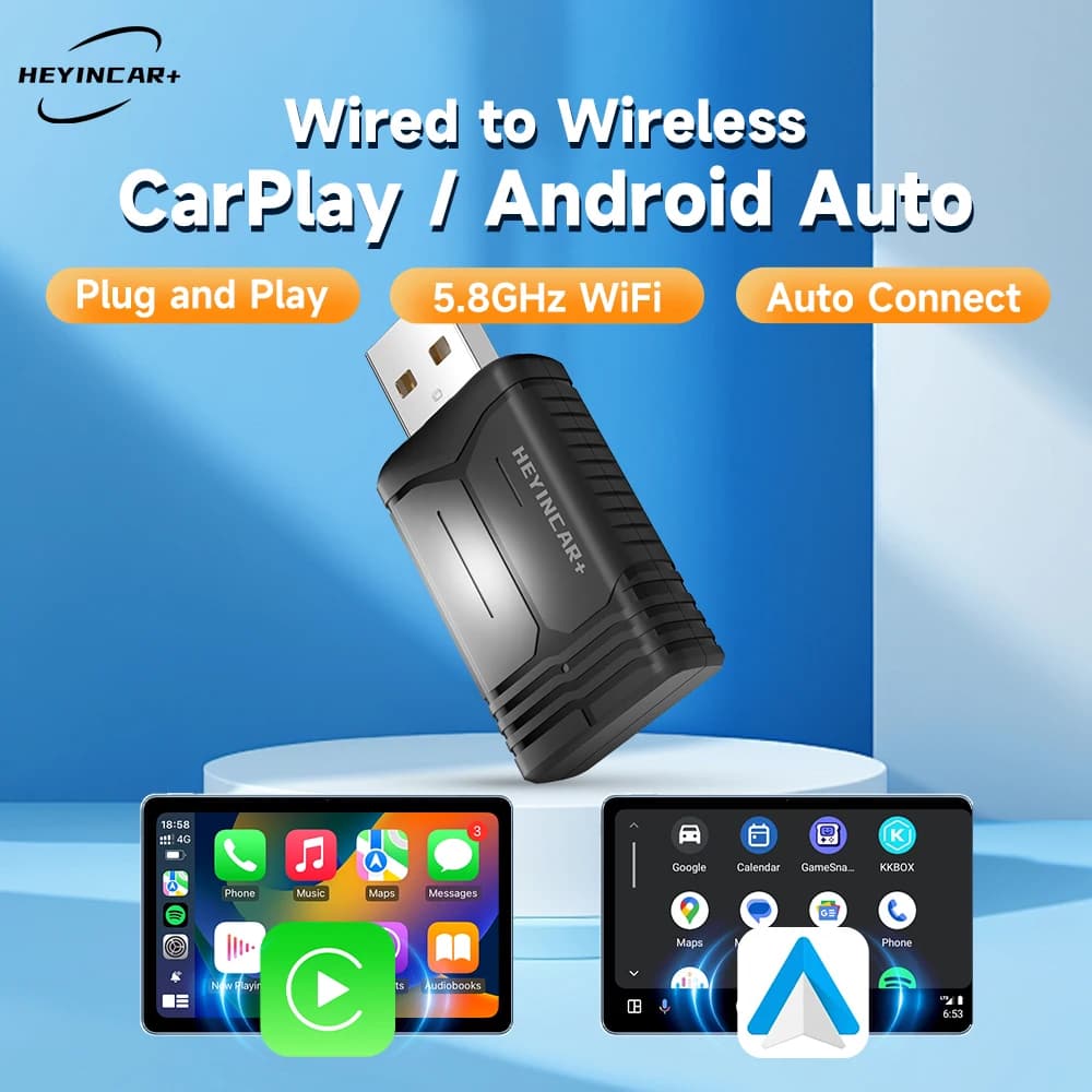 HEYINCAR Adattatore 2 in 1 da Cablato a Wireless per CarPlay e Android Auto, per Stereo Auto OEM con Dongle USB, Mini Box Intelligente Plug and Play