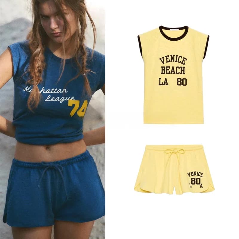 Casual round Neck Short Sleeve T-Shirt with Lace 4424012 mid Waist Knot Short Pants 4424013 Spring Fashion Set Women's Clothing
