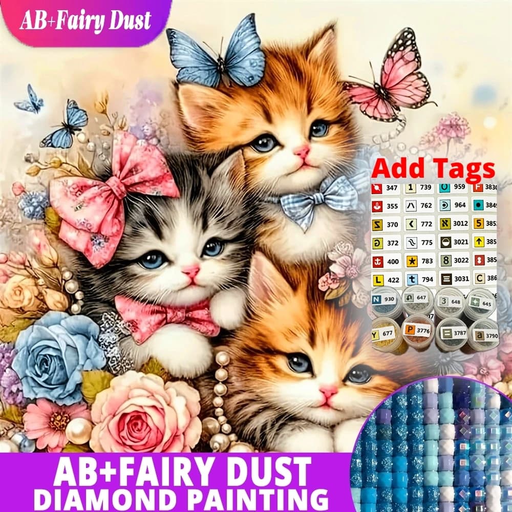 AB Fairy Dust Full Square Round Diamond Mosaic Kitten Cat Bow Rose Flowers Cute Animal Painting Rhinestones Embroidery Wall Art