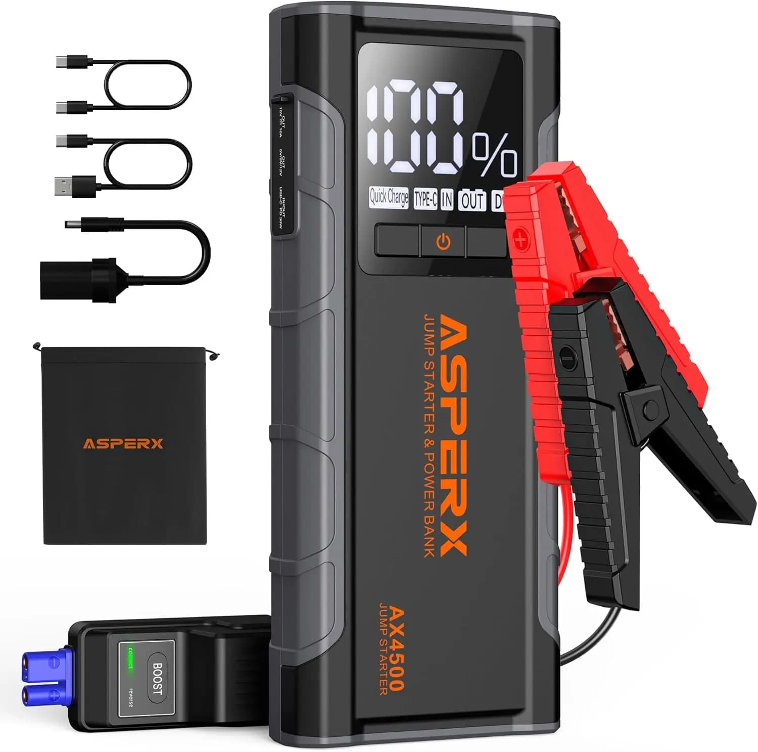 Avviatore d'Emergenza per Auto 4500A Peak per Tutti i Motori a Benzina e Diesel fino a 10.0L, Batteria 12V con Display LCD e Luce LED