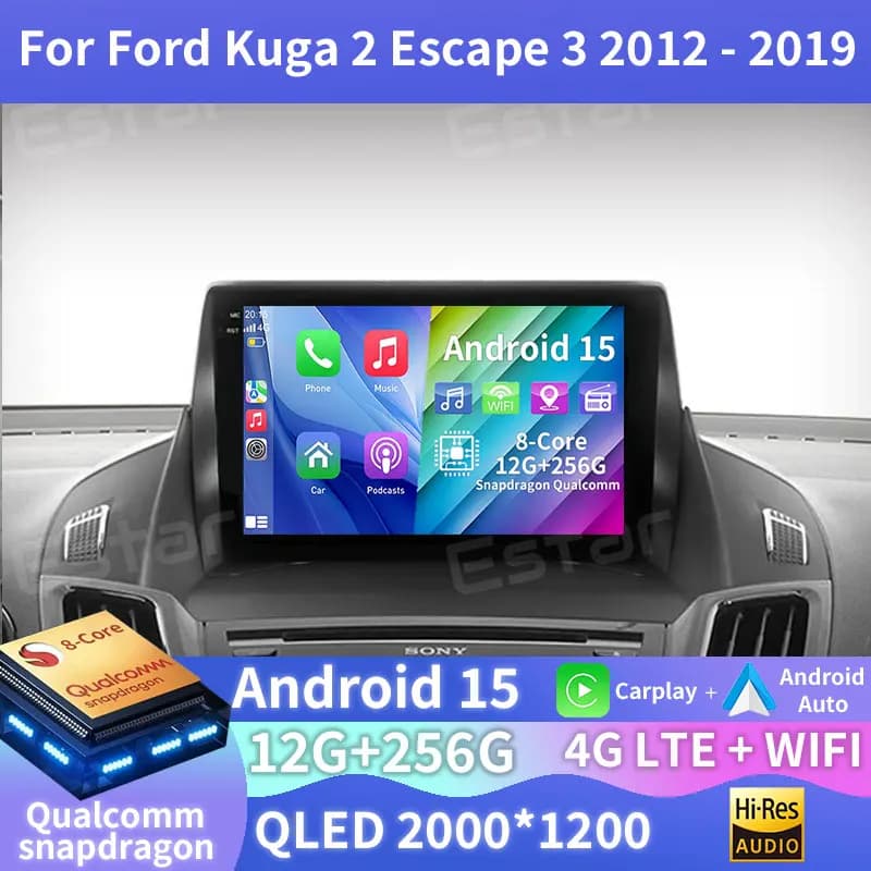 Car Radio Android 15 For Ford Kuga 2 Escape 3 2012 - 2019 Multimedia Stereo Player NAVI BT Head Unit Wireless Carplay 360 Camera