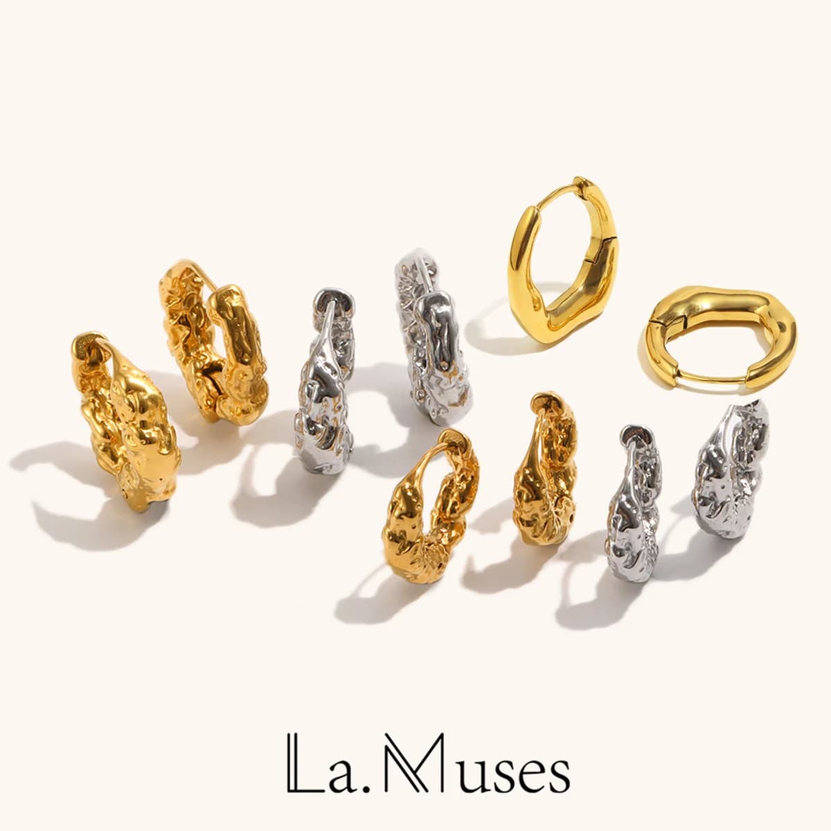 La. Muses Irregular Folded Exterior Stainless Steel Women's Hoop Earrings PVD Gold Plated Trendy Daily Jewelry