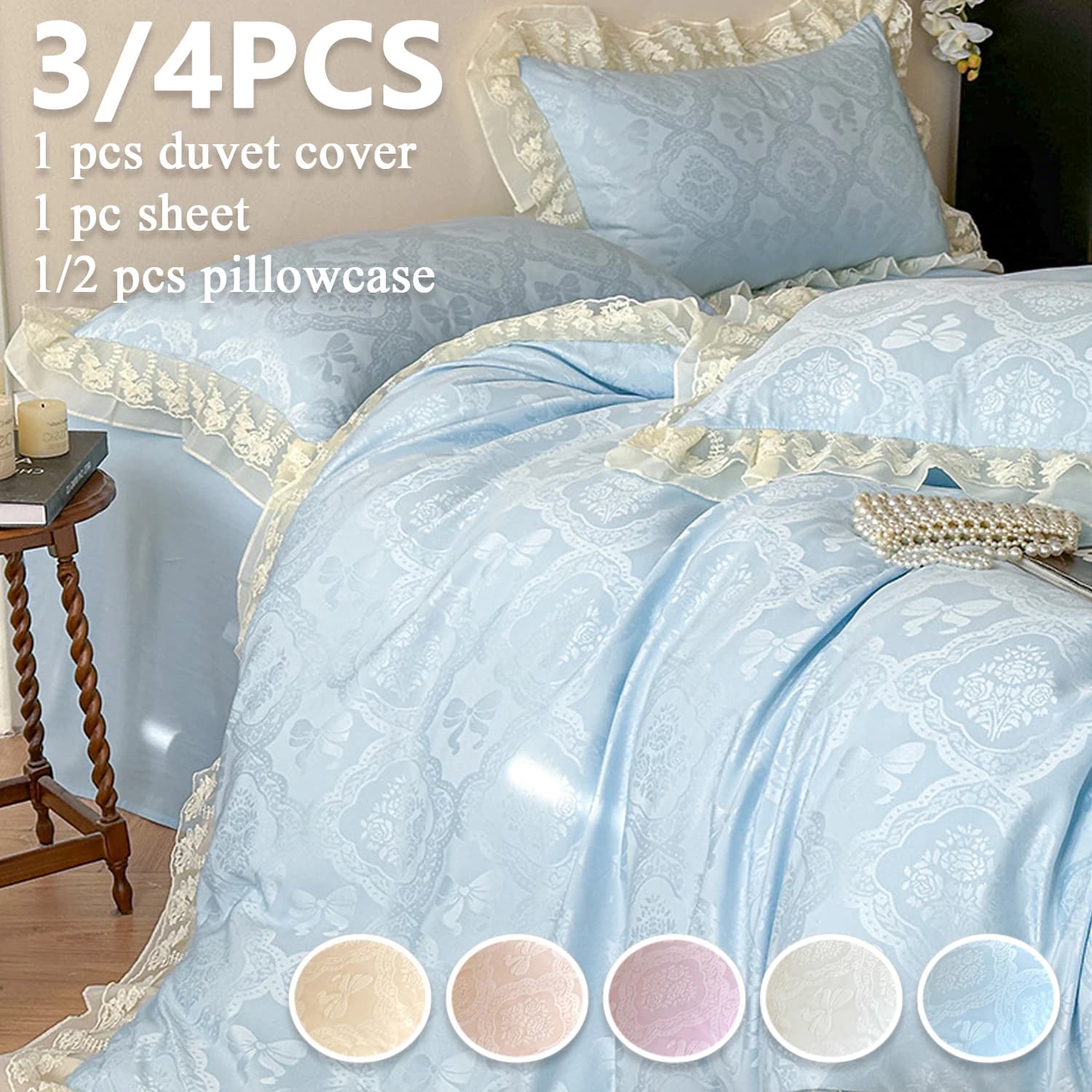 Set Copripiumino Jacquard 3/4 Pezzi (Copripiumino + Lenzuolo + Federa) Set Copriletto Stampato con Volant Confortevole