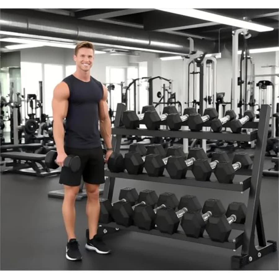Set di manubri esagonali da 2,3-22,7 kg con supporto per palestre domestiche e all'aperto, 6-10 paia di manubri in gomma antiscivolo per esercizi fitness