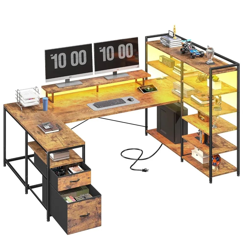 L Shaped Desk with Monitor Stand, 63'' Reversible U Shaped Office Desk with 6 Tire Storage Shelves & 2 Fabric Drawers
