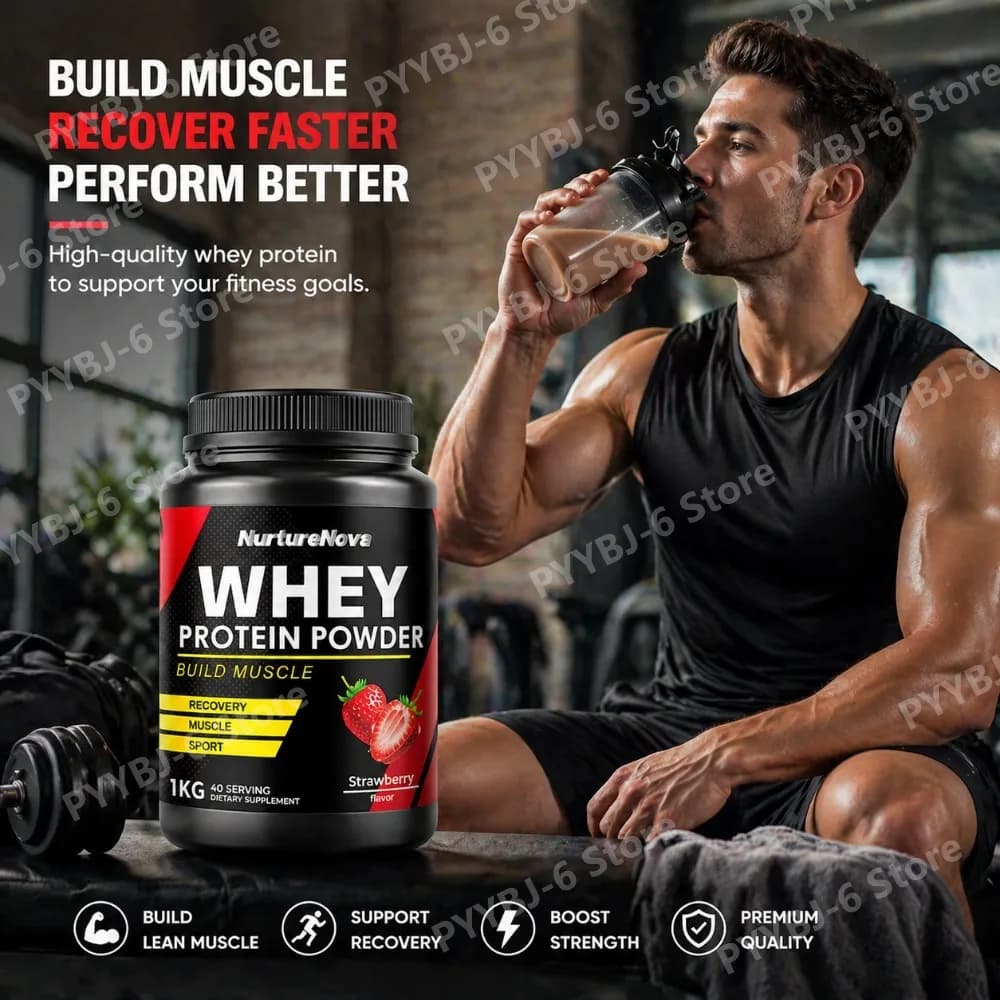 Proteine del Siero di Latte in Polvere - 1kg 40 Porzioni Gusto Fragola per Recupero e Crescita Muscolare 3.7g BCAA Basso Contenuto di Grassi e Lattosio per Adulti