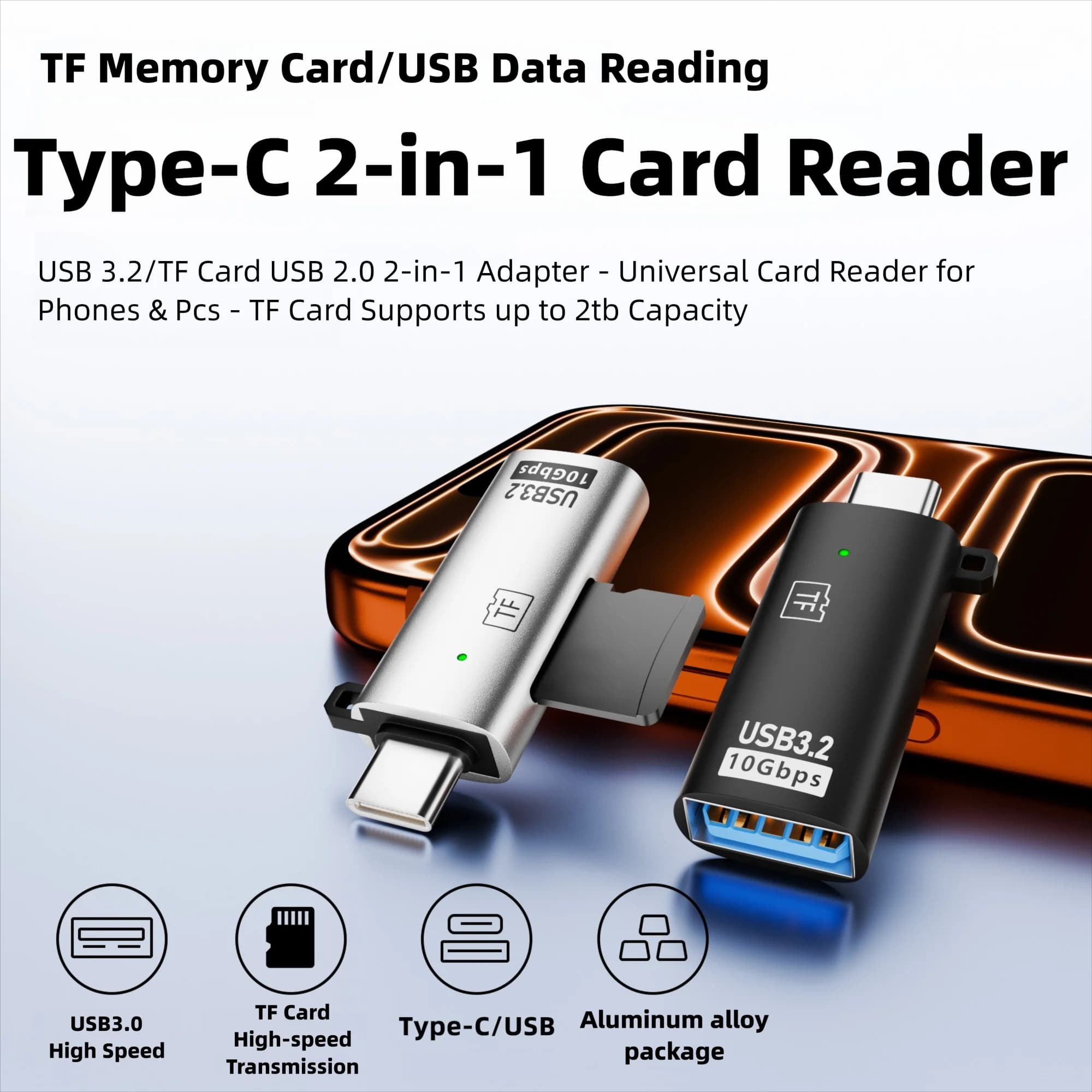 USB-C Card Reader Adapter Type-C to TF Memory Card USB3.2 High Speed Transfer USB2.0 OTG Converter for Phone PC Laptop Tablet
