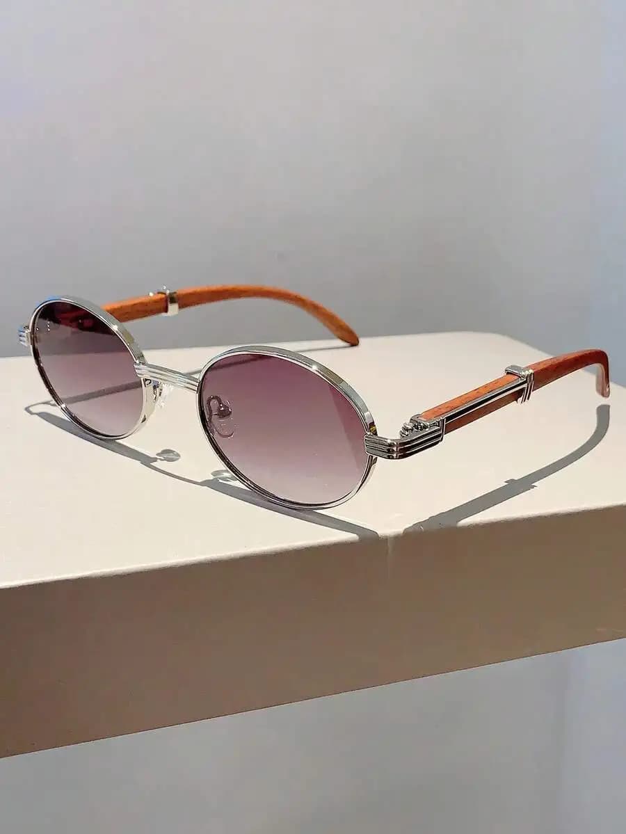 Retro Oval Frame Wood Grain Temple Sunglasses For Women Outdoor Travel Fashion Accessories