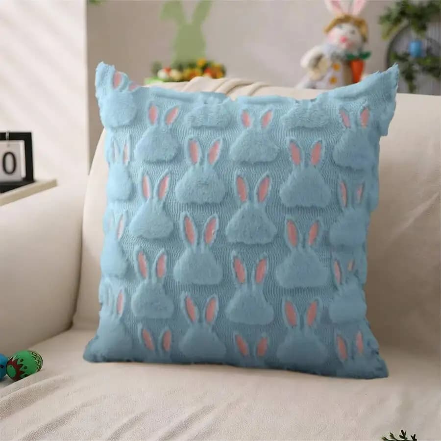 Easter Rabbit Plush Pillow Cover 17.7x17.7 Inch Soft Faux Fur Jacquard Decorative Throw Pillow For Sofa Bedroom