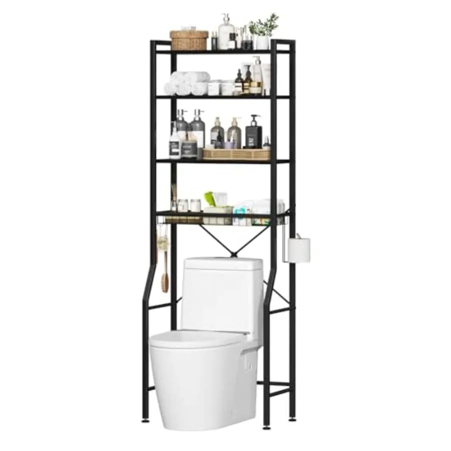 Scaffale portaoggetti da bagno a 4 livelli sopra il WC, resistente, con porta carta igienica, 3 ganci, cestino e armadietto regolabile per il bagno