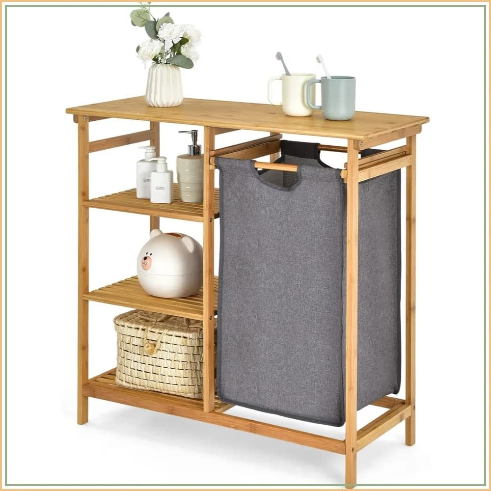 Bamboo Laundry Hamper Stand with Removable Bag & 3-Tier Shelves, Freestanding Storage Organizer for Bathroom Bedroom