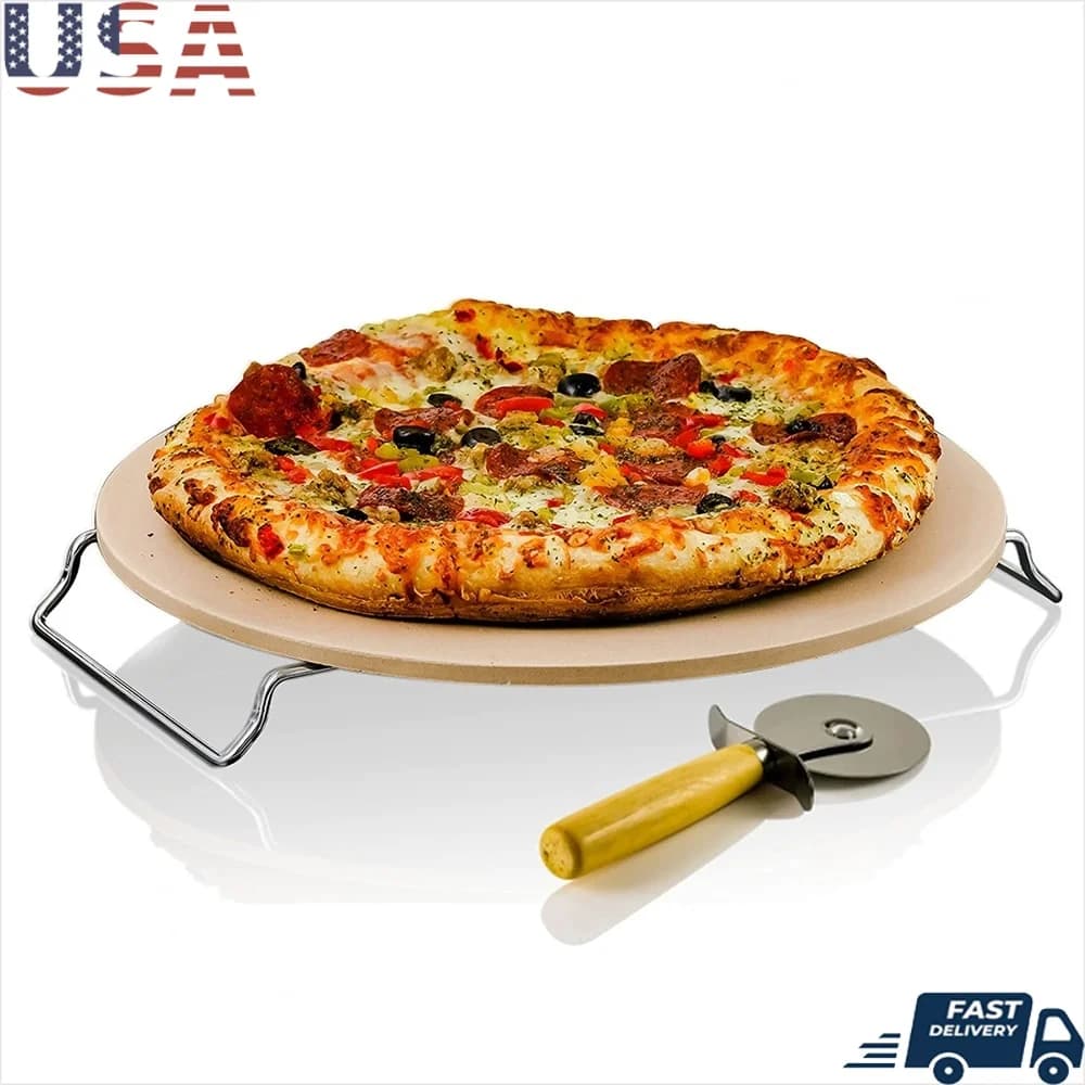 Set di pietre per pizza in ceramica da 13 pollici con ruota taglierina Manico in metallo Forni resistenti agli urti Cottura di pane Biscotti Biscotti Pizza
