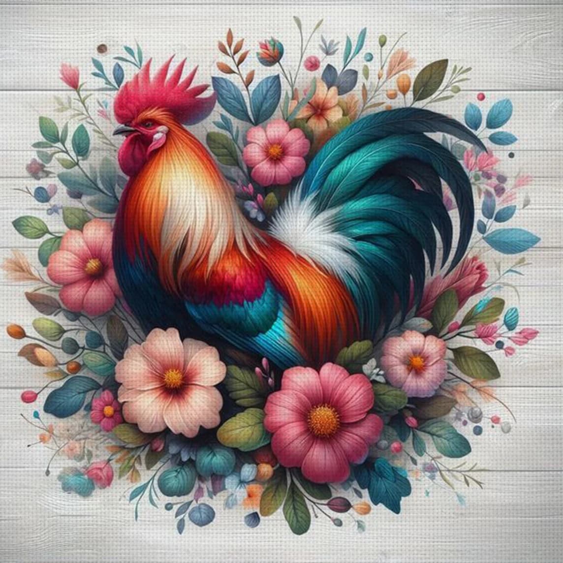 Kit Punto Croce DIY 11CT con Gallo e Fiori, Decorazione Murale Fai da Te, Regalo Artigianale, Materiale Senza Cornice Semi-Finito 36×36cm