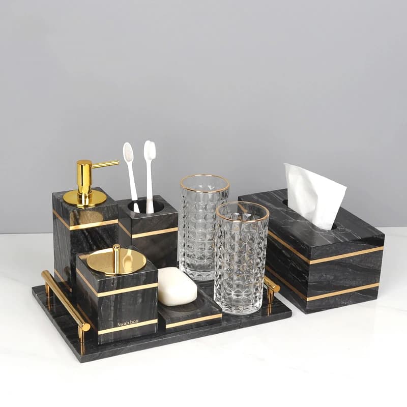 Tree Black Natural Marble Bathroom Set Gold Luxury Soap Dispenser Cotton Swabs Jar Soap Dish Vanity Tray Bathroom Accessories