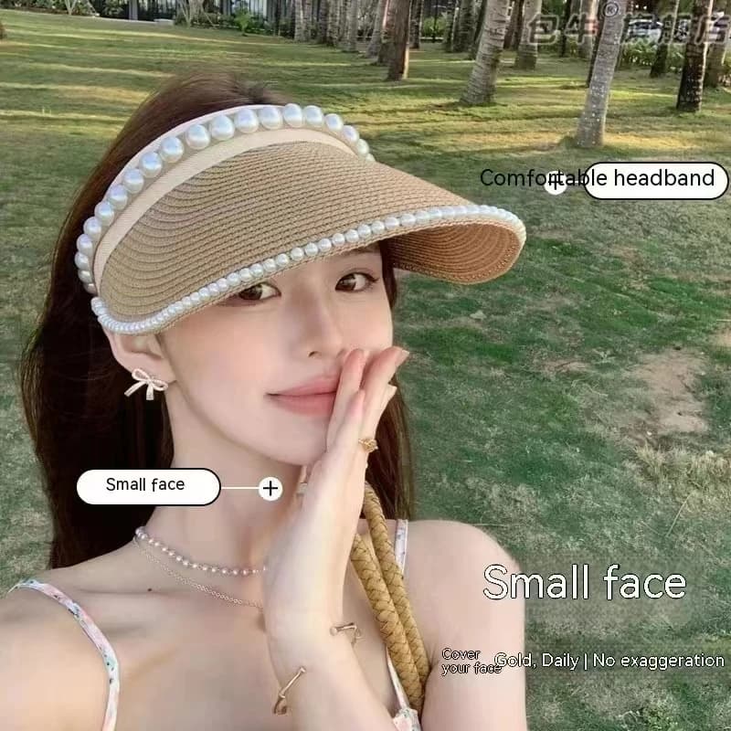 Cable cylinder cap with weed woven pearls, summer Korean version, outdoor chair for cycling, sun hat with Lafite straw protection