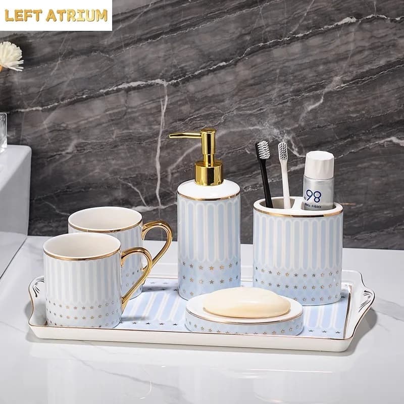 European Luxury Ceramic Bathroom Set Lotion Bottle Toothbrush Holder Soap Dish Storage Tray Household Bathroom Accessories