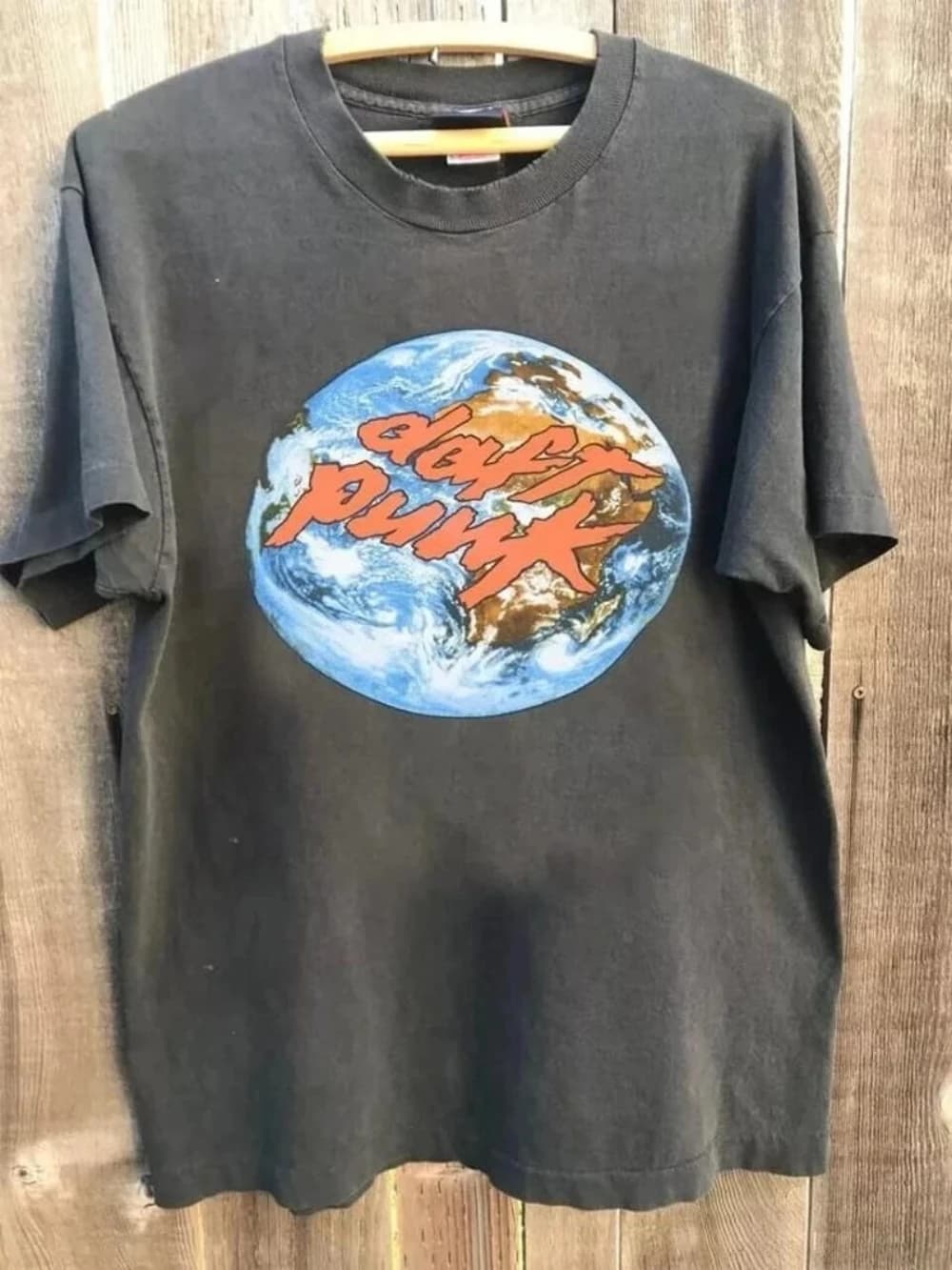 T-shirt Daft Punk Around The World anni '90 grigio antracite con stampa fan, adatta per l'uso quotidiano e per festival musicali