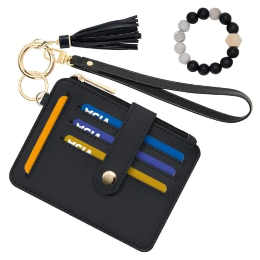 Airkit Wristlet Wallets for Women, Small Keychain Credit Card Holder RFID Blocking Card Wallet with Silicone Beaded, Tassel, ID