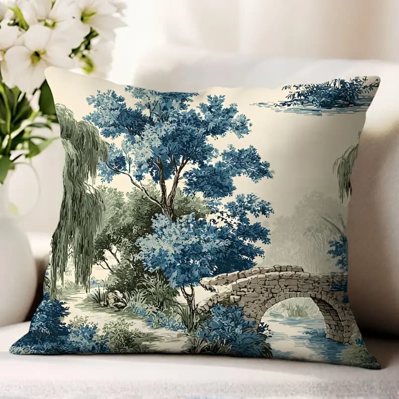 Blue Chinoiserie Pillow Cover, Scenic River Landscape, Willow Tree