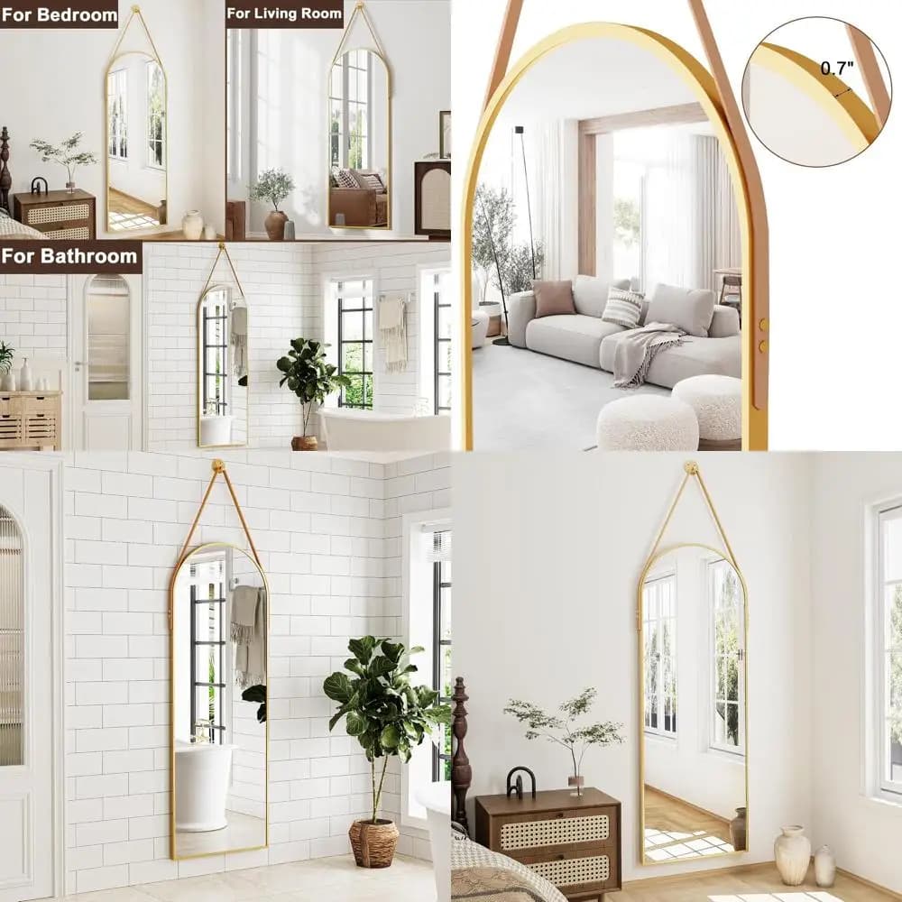 Specchio da Parete Arcuato, 48x16 con Cinghia in Pelle, Adatto per Porta, Bagno, Soggiorno e Ingresso (Oro)