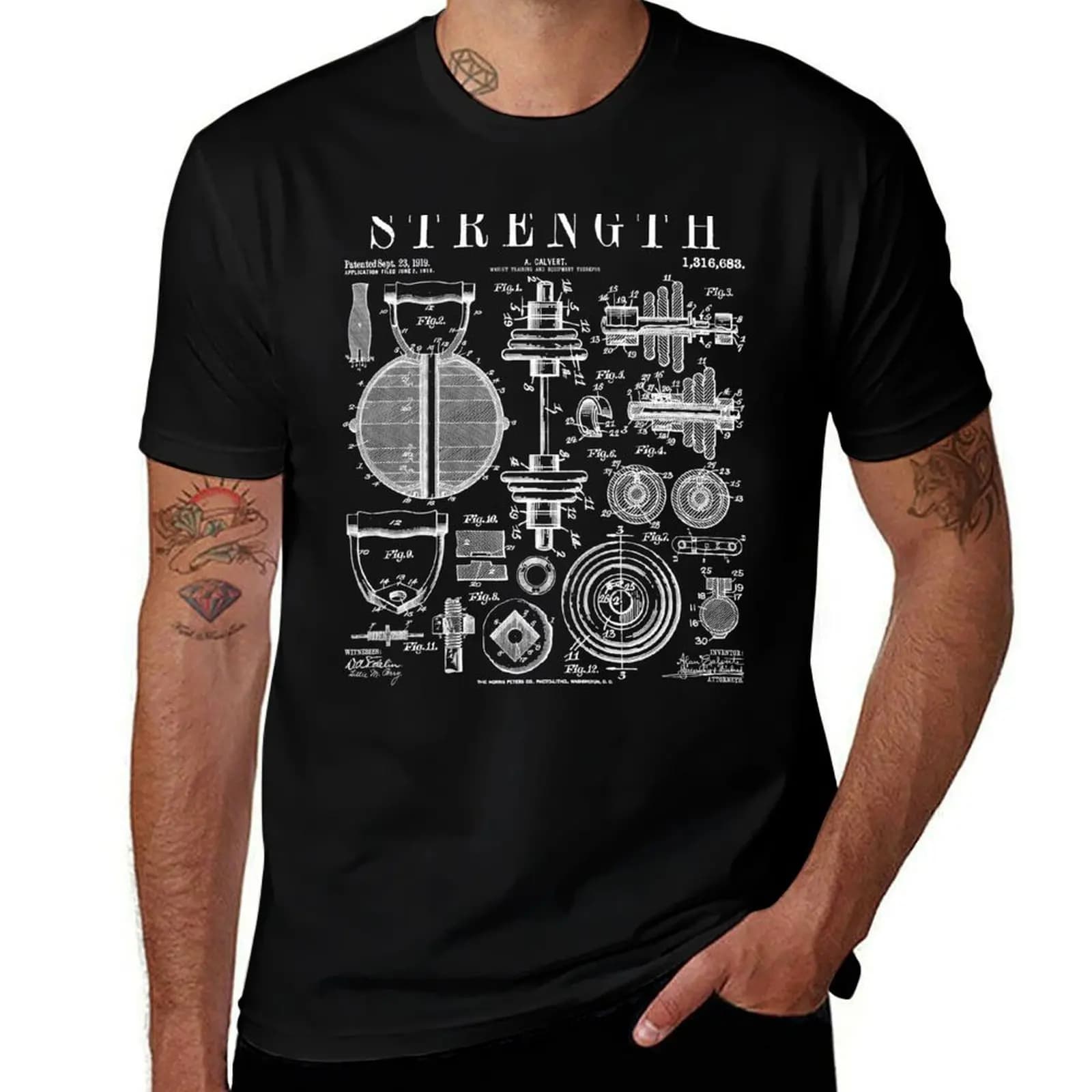 Vintage Kettlebell Patent Print T-shirt and Fitness Training Handlebars in the gym, casual t-shirt with graphics for everyday