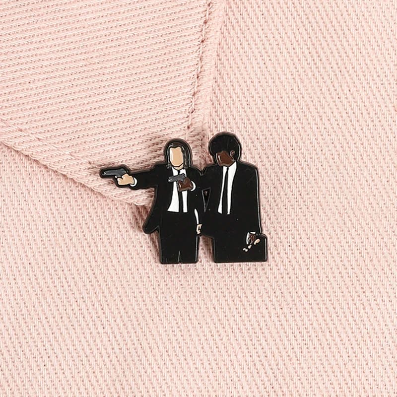 Retro Crime Enamel Pin Stylish Black Suit Gun Cartoon Brooch 90s Movie Lapel Badge For Backpacks Jewelry Gift For Friends
